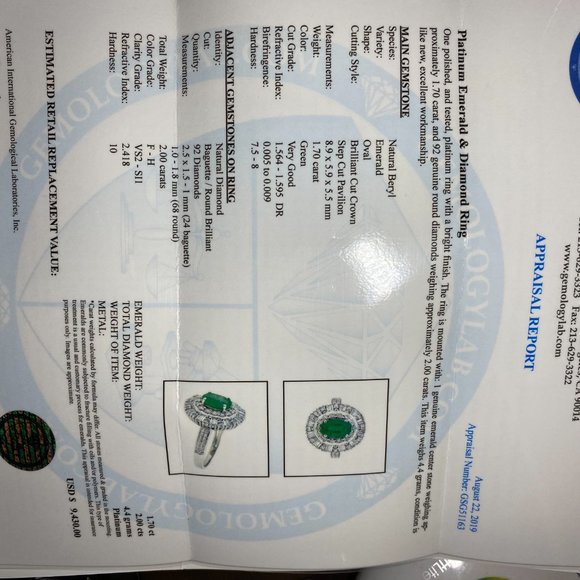 Certified Emerald 1.70ct Diamonds Platinum Ring - Picture 7 of 7